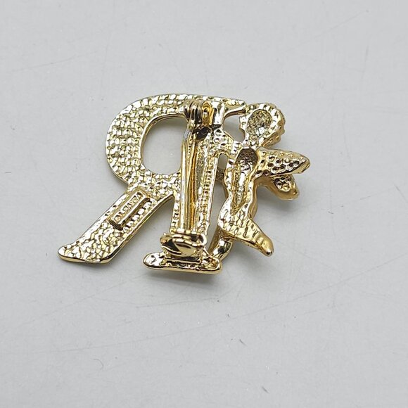 Vintage Gold Angel Initial R Cherub Decorative Brooch Pin L Razza Signed - Picture 3 of 5